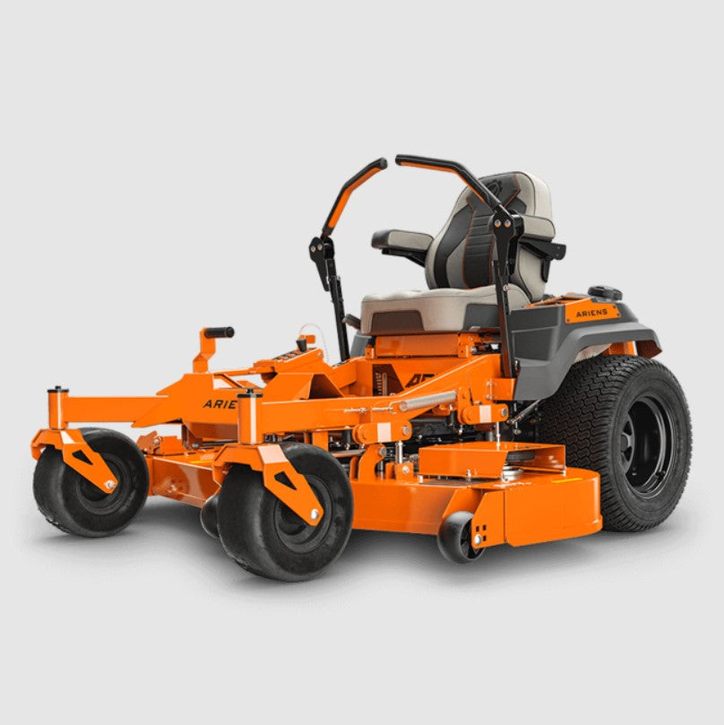 Orange riding lawn mower on a light gray background